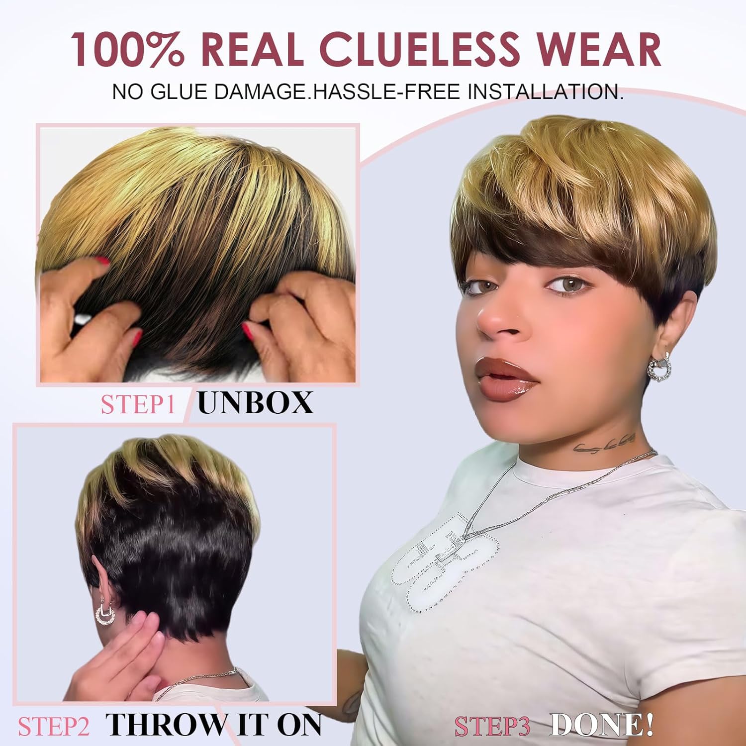 Short Pixie Cut Wigs for Black Women Ombre Blonde ShowReal Pixie Cut Human Hair Wig Glueless Straight Color Short Wig Pixie Wigs Layered Cut Blonde Hair Pixie Wigs for Black Women 9171-1B/4/27