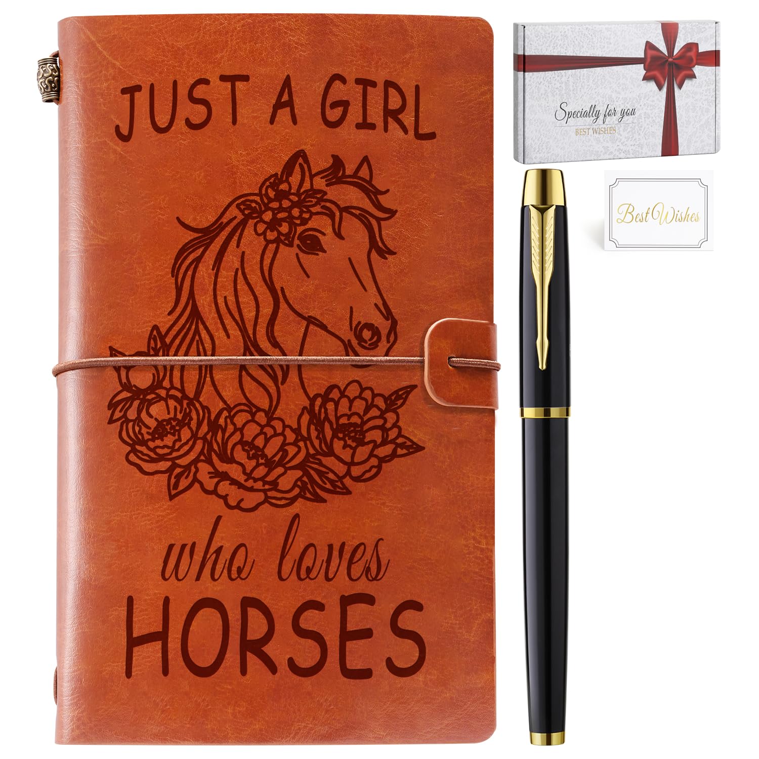 Diario in pelle con penna, con scritta "Just A Girl Who Loves Horses", regalo per ragazze e amanti dei cavalli, taccuino ricaricabile in pelle, quaderno da disegno, diario di viaggio