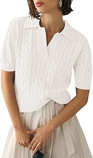 Womens Short Sleeve Sweater Tops Lapel V Neck Polo Shirts 2026 Summer Cable Knit Loose Blouse Business Casual Outfits