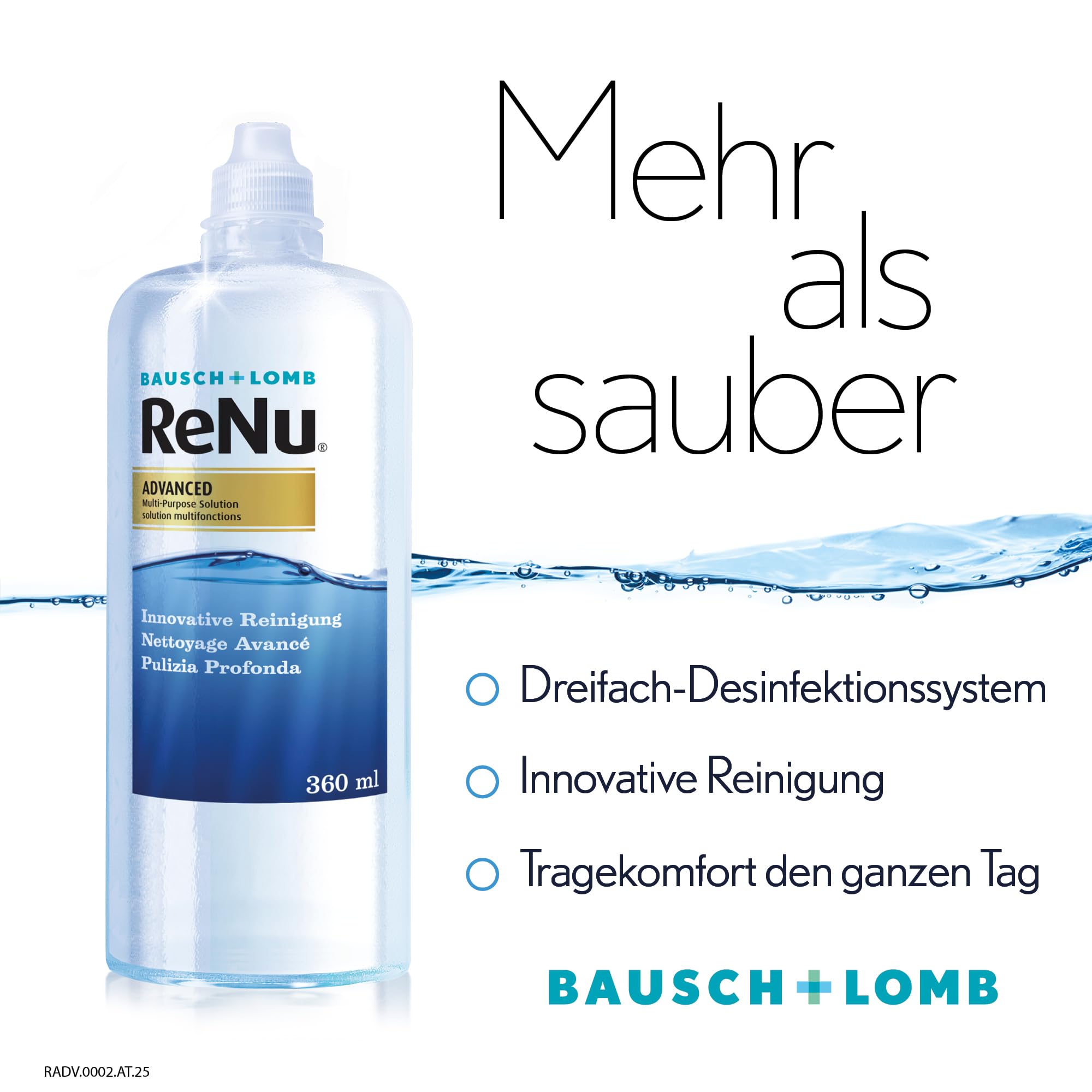 Bausch + Lomb ReNu Advanced Kombilösung mit 3fach Desinfektion - Kontaktlinsenreiniger, Aufbewahrungslösung, für weiche Linsen, 3er Pack 3 x 360 ml