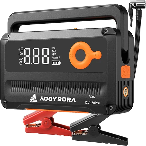 AOOYSORA Car Battery Jump Starter with Air Compressor 6000A 150PSI Portable Car Battery Jump Starter (All Gas/12L Diesel) with Auto-Shutoff Tire Inflator, 12V Jump Box with Portable Jumper Cables