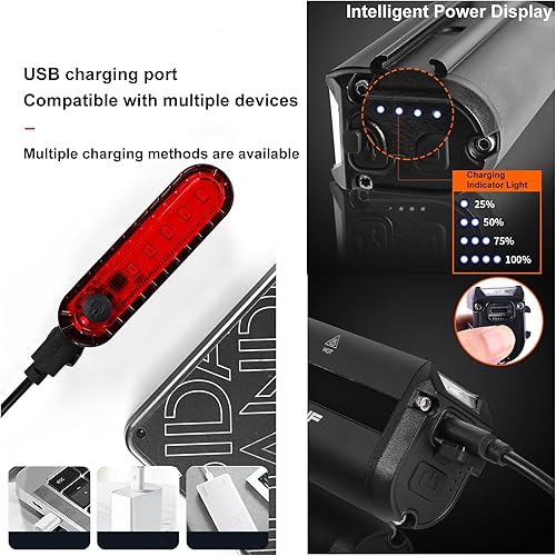 Miniatura 4 de Juego de luces brillantes para bicicleta para conducción nocturna, luz LED de luz alta y baja, juego de faros delanteros de bicicleta recargables