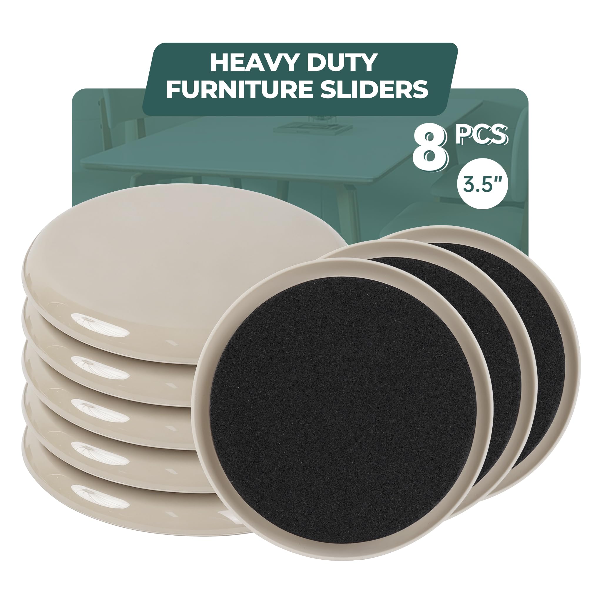 Round Furniture Sliders 8pcs 3.5 inch, Heavy-Duty Reusable Movers Sliders for Hardwood Floors & Carpet, Chair Sliders， Furniture Moving Sliders to Protect Floors and Move Furniture Easily(Beige)