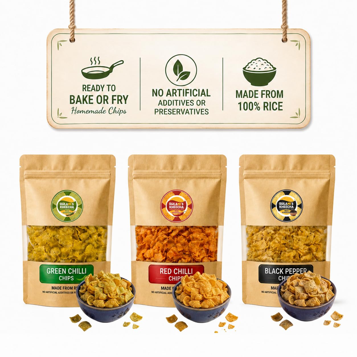 Bulani's Rice Chips | Made from 100% rice flour | Handmade | Homemade | No artifical additives or preservatives | Available in three variants Black Pepper, Red Chilli & Green Chilli | All variants have jeera & ajwain |1 pack of each variant in a box | 100g X 3 pack | Ready to fry, Microwave or air fry |-image-7