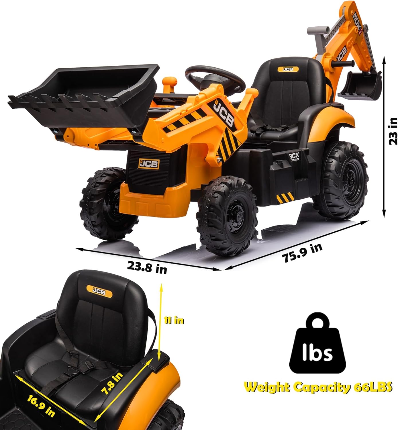 Licensed JCB 24V Excavator Ride On Toys for Kids, Backhoe Digger Toy with Reversible Seat, Removable Front & Rear Arms, Remote Control, Electric Construction Vehicle Toy