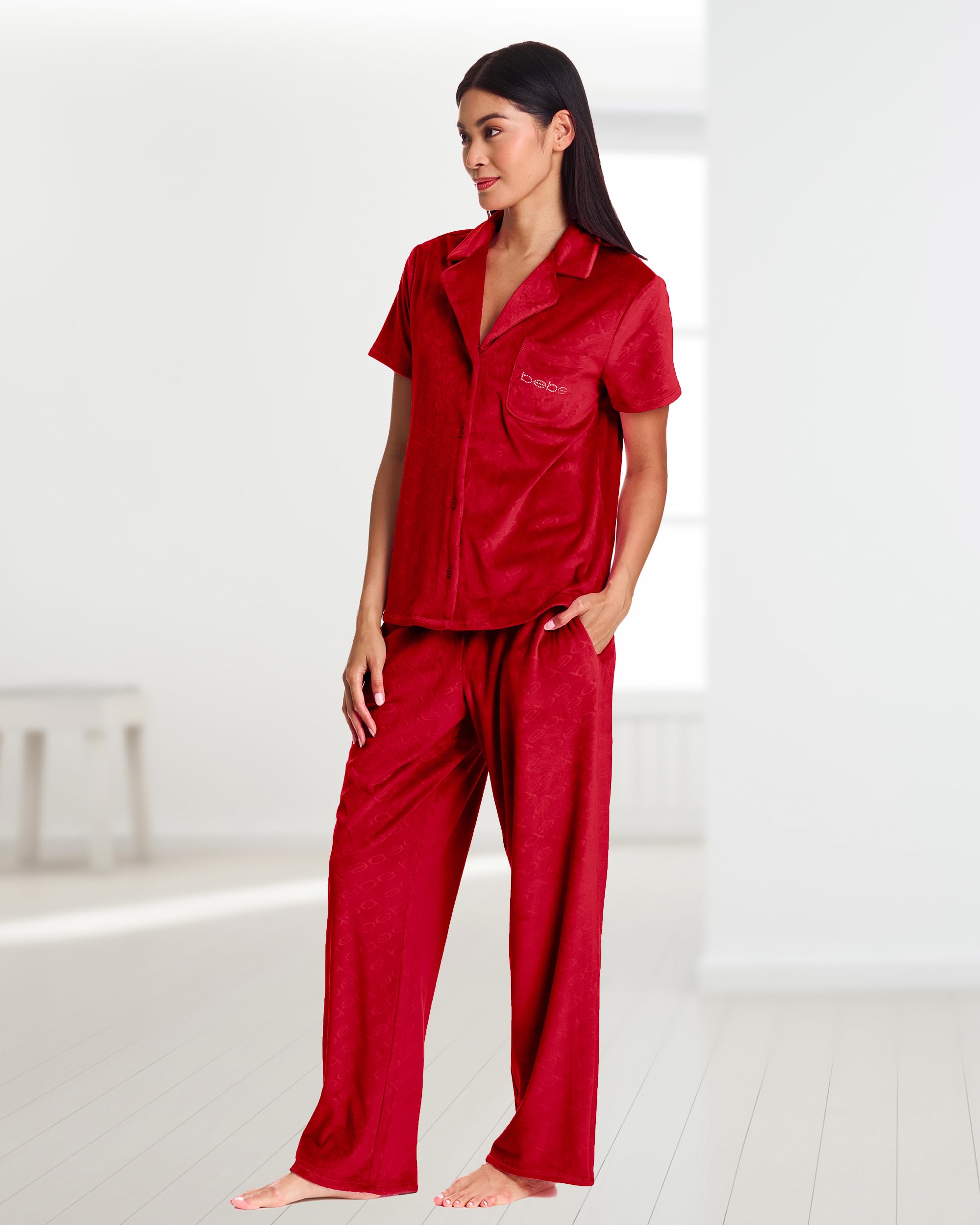 bebe Soft Velour Pajamas for Women, Red PJs for Women Set, Velour Set for Lounge and Sleep (Crimson, Large)