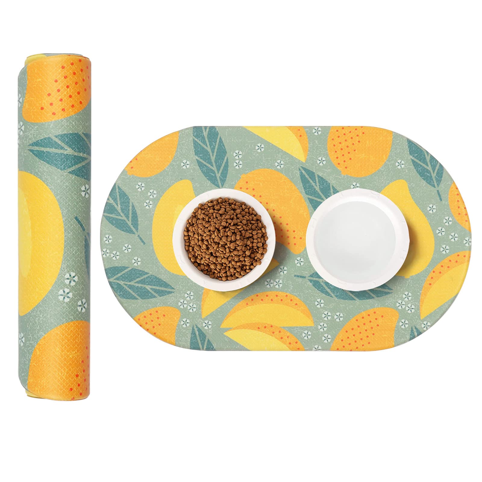 HACHIKITTYCat Food Mat for Pet Bowls Dispenser, 25"x 14" Cute Dog Food Mat for Floor Waterproof, Dog Bowl Mat for Food and Water, Pet Feeding Mat, Mango