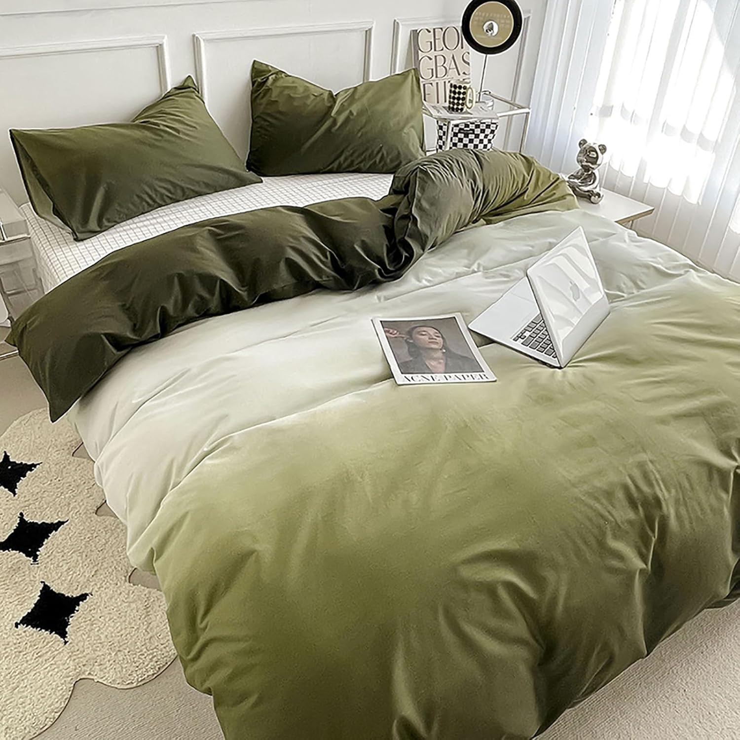Luxlovery Dark Green Comforter Set Queen White and Green Bedding Comforter Set Ink