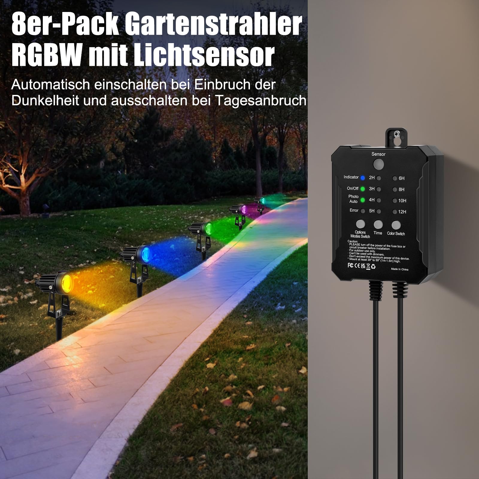 COOLWEST RGB Gartenstrahler mit Fernbedienung und Lichtsensor, 20M/8er Set Strahler IP65 Wasserdichte Gartenbeleuchtung mit Strom, 24V gartenleuchten mit Timer für Garten, Bäume, Wege, Dimmbar