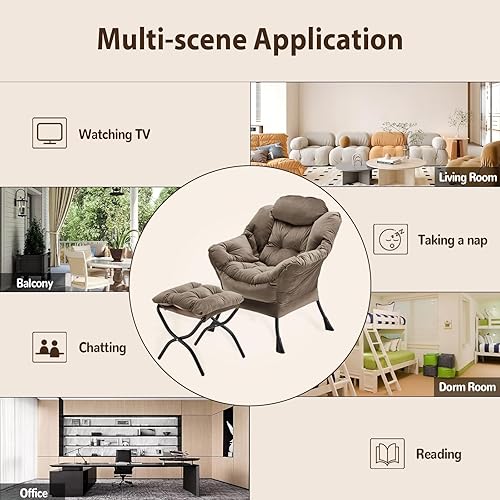 Miniatura 8 de Silla Lazy con otomana plegable, silla decorativa de terciopelo tapizada con estructura de metal y almohadillas antideslizantes, sillón con