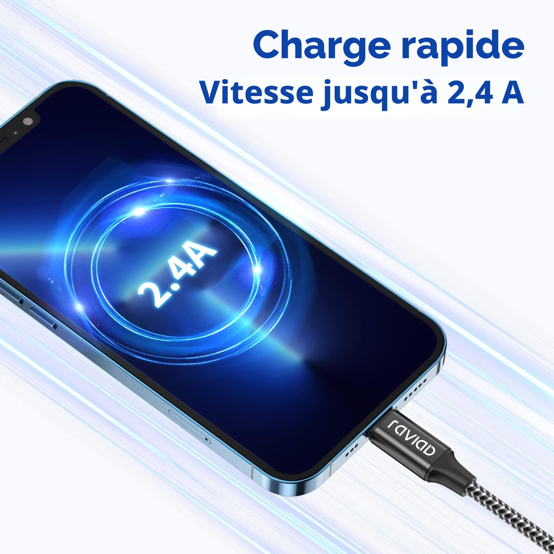 RAVIAD Câble iphone Court 30CM Chargeur iPhone, [Certifié MFi] Nylon Cable Lightning Charge Rapide Compatible avec iPhone 13 12 11 Pro Max Mini XR XS X 8 7 6 Plus 6s 6 SE 5 5s 5c- Noir