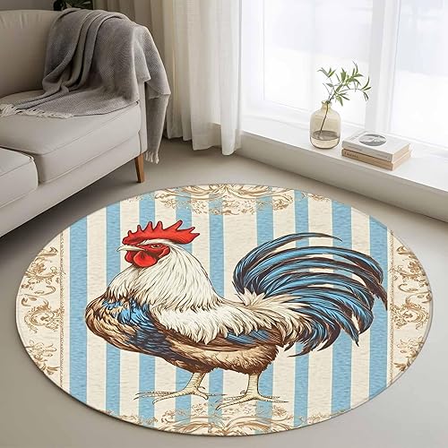 Miniatura 14 de 8ft Round Rug, Retro Rooster Non-Skid Rubber Backing Large Area Rugs - Living Room Bedroom Home Office, Striped Farmhouse Animals Watercolor Indoor