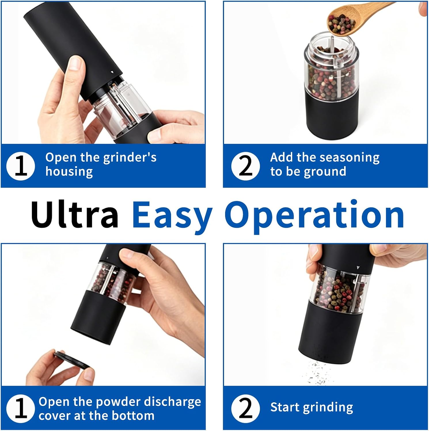 Electric Salt & Pepper Grinder Set, 4 AAA Batteries Powered, Automatic Adjustable Coarseness with Ceramic Burrs, Transparent Window & Wooden Top, Easy Operation for Kitchen Cooking