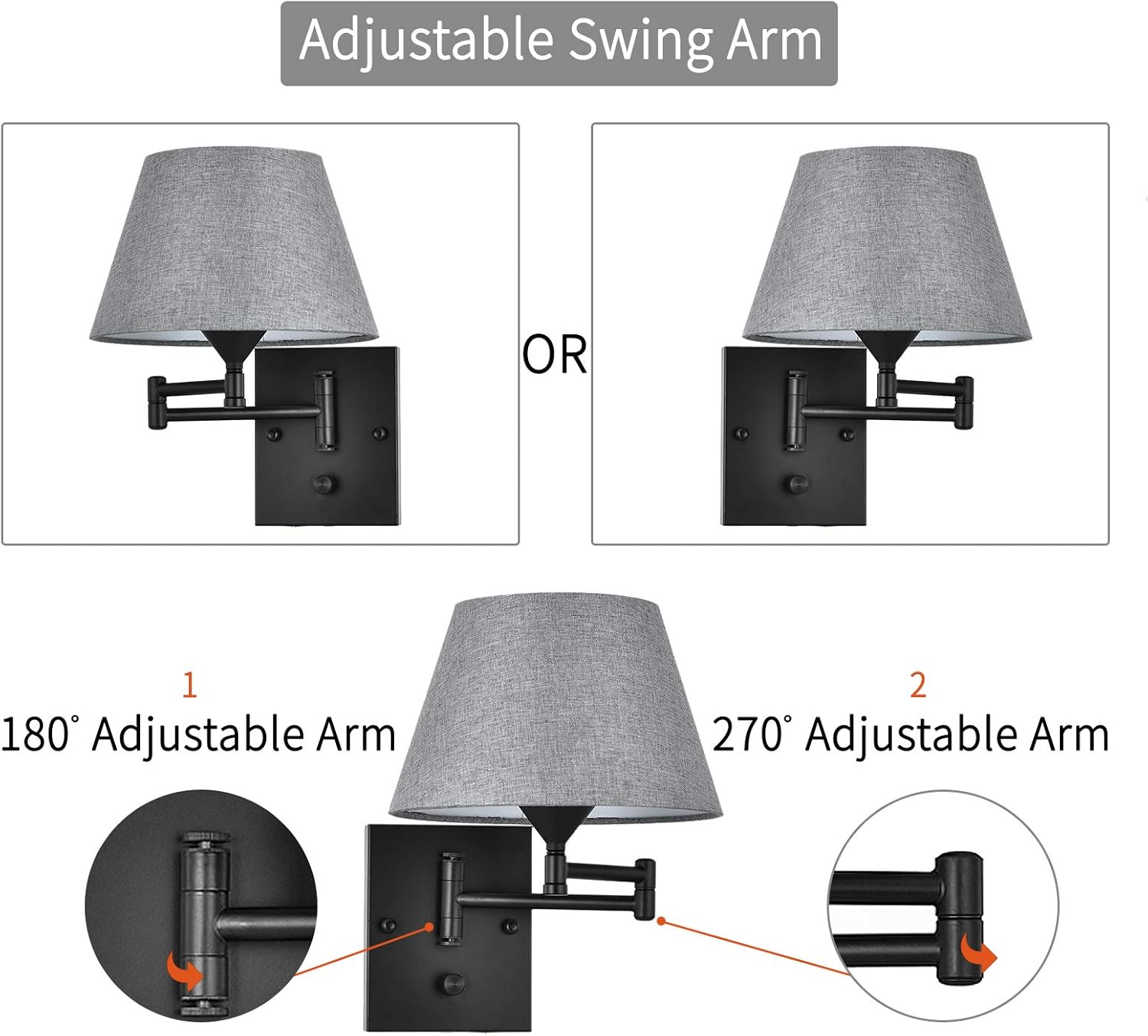 Blасk Frіdау Sаlе 2022 Pauwer Plug in Wall Sconce Set of 2 Swing Arm Wall Lamp with Plug in Cord and Grey Fabric Shade Wall Light Fixtures for Hallway Bedroom Living Room