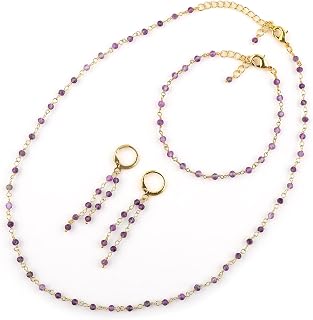 (3pcs) Natural Gemstone Cluster Jewelry Combo Set, 14K Gold Plated, Crystals Beads Rosary Chain, Handmade Bohemian Jewelry - Bracelets, Necklace, Earrings for Women