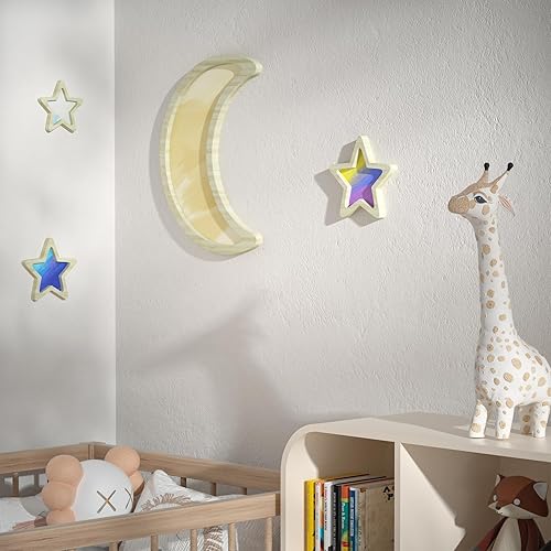 Miniatura 5 de 4 piezas de decoración bohemia para cuarto de bebé, decoración de pared de luna y estrellas de madera, decoración de habitación de bebé para