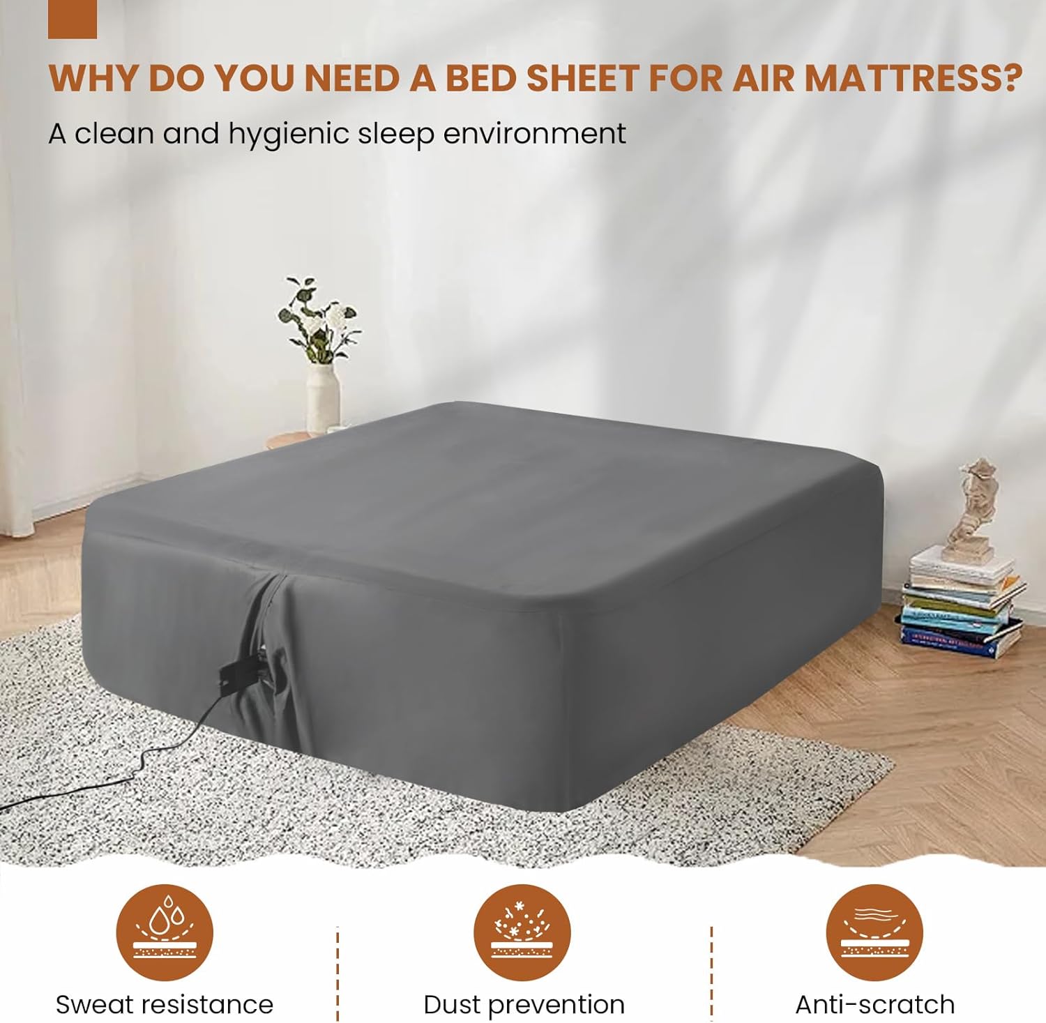 Queen Sheet for Air Mattress, 18'' Deep Soft Air Mattress Sheets- Inflatable Without Removal, Breathable Air Bed Mattress Cover Topper Protector, Fitted Sheet Full with Elastic Loop Hem, Gray