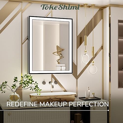 Miniatura 2 de TokeShimi Espejo de tocador de baño LED negro de 20 x 28 pulgadas con luces con luz biselada en ángulo de 45, 3 colores, antivaho, marco mate de