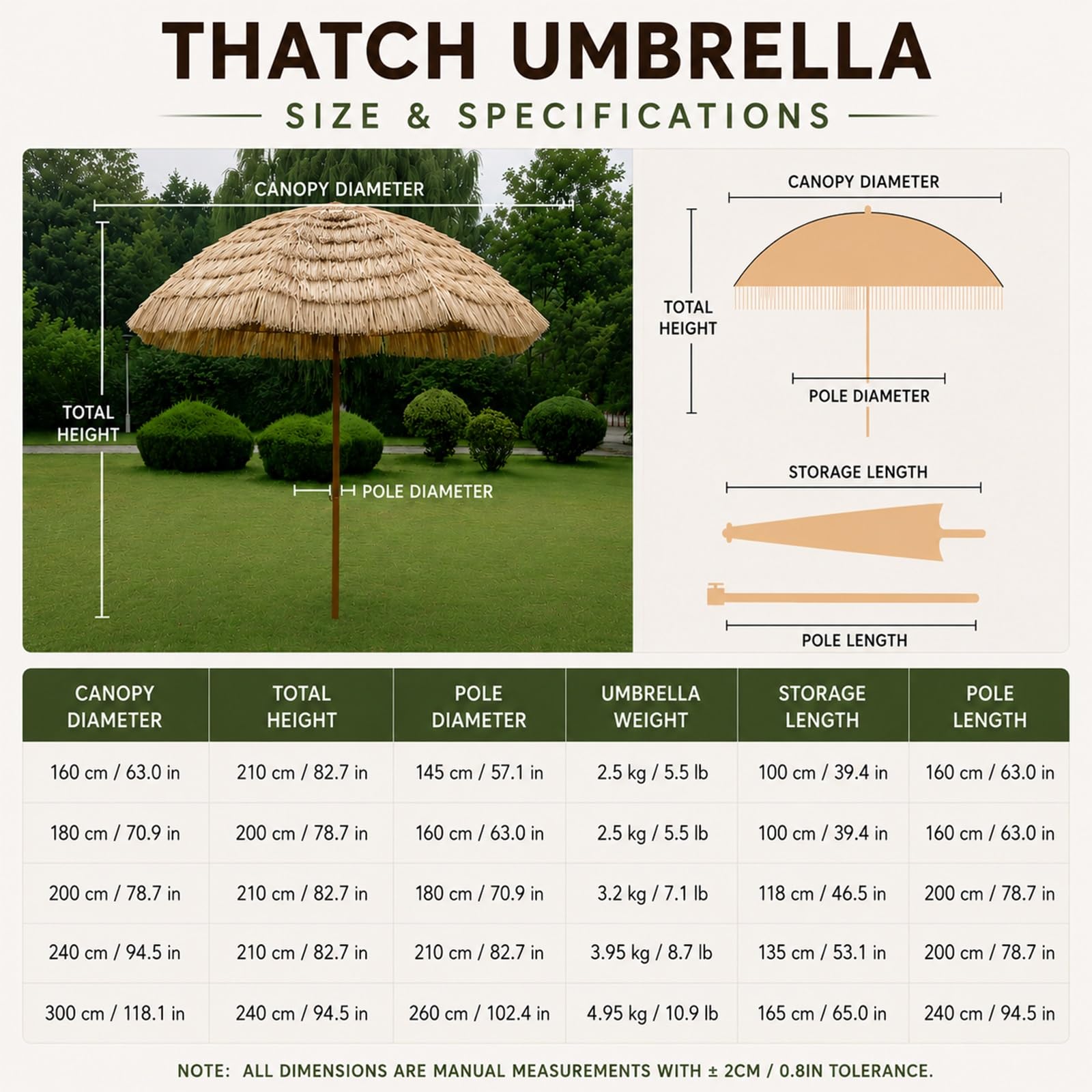 Parasol hawajski, słomkowy, składany parasol tarasowy z 8 żebrami, ochrona przed promieniowaniem UV, na basen, do ogrodu, na plażę i podwórko