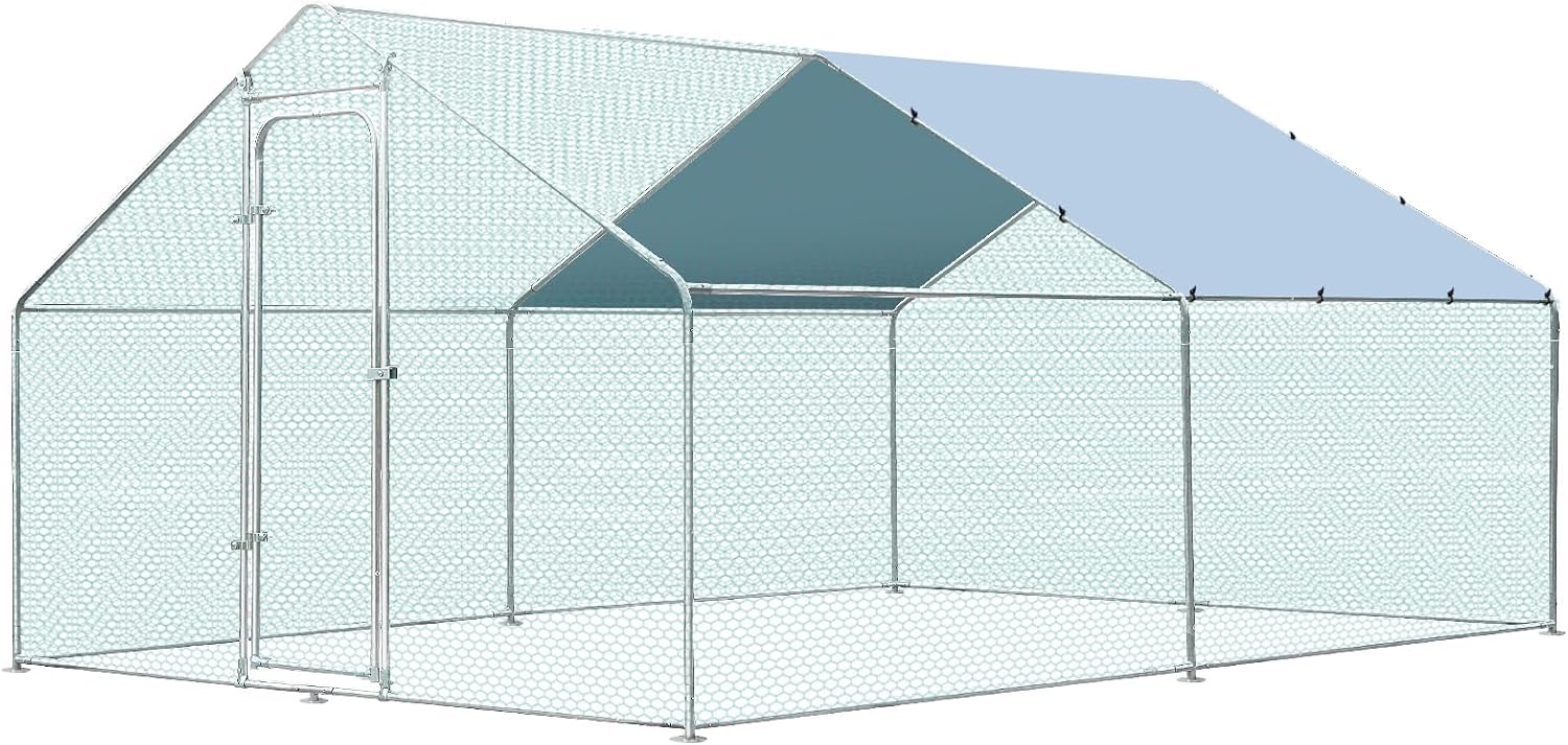 Metal Large Chicken Coop for 20-25 Chickens, Portable, Walk-in Chicken Run, Chicken Pen Outdoor W/Cover, Waterproof & Anti-UV, 13.1' D x 9.8' W x 6.4' H, Wire Mesh Poultry Cage for Yard