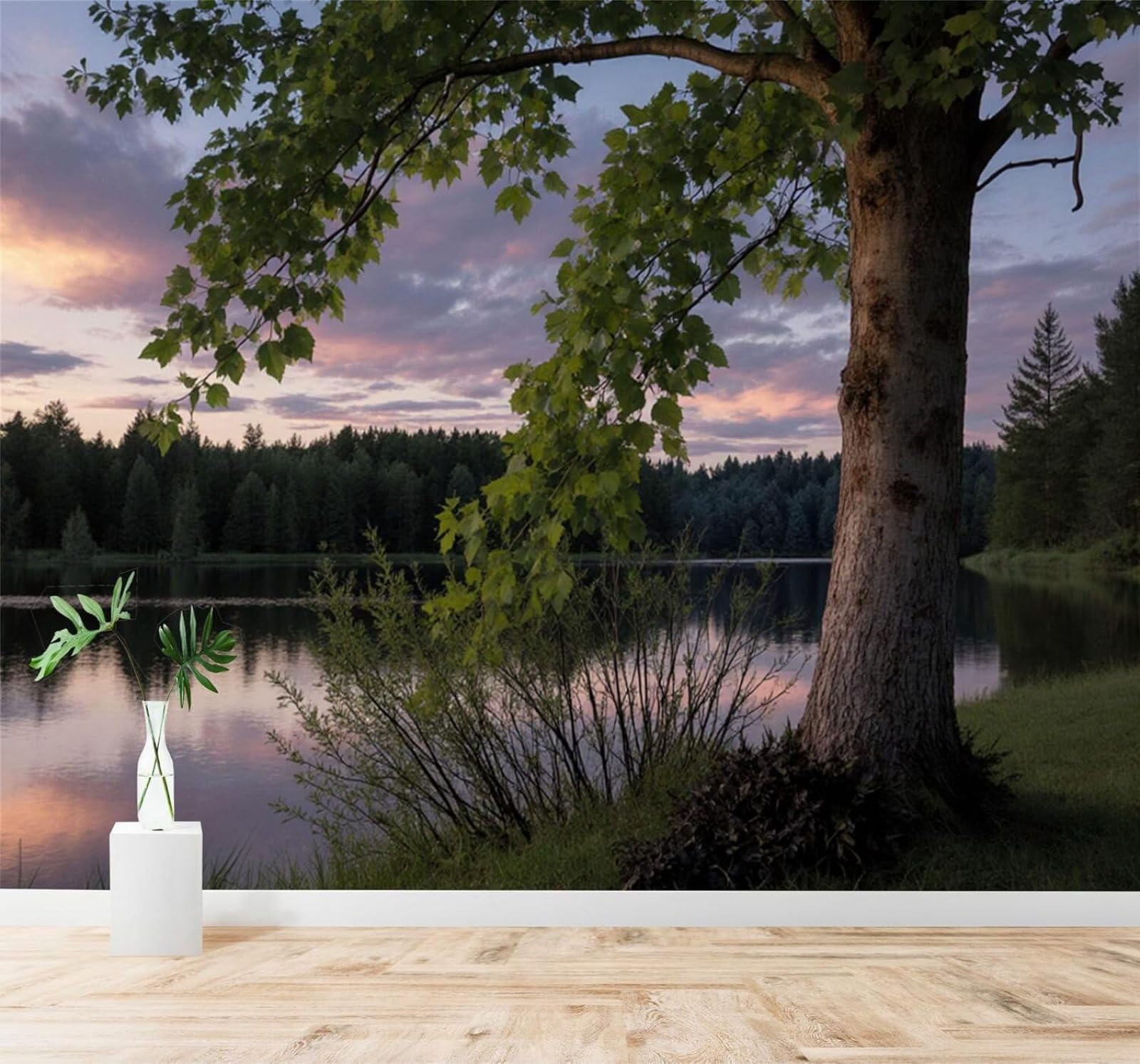 XLMING Lake View Trees Forest Reflections Sunset Sky 3D Wallpaper Silky Texture Home Study Office Grey Dining Room Sofa Bedroom Living Room TV Backdrop-250cm×170cm