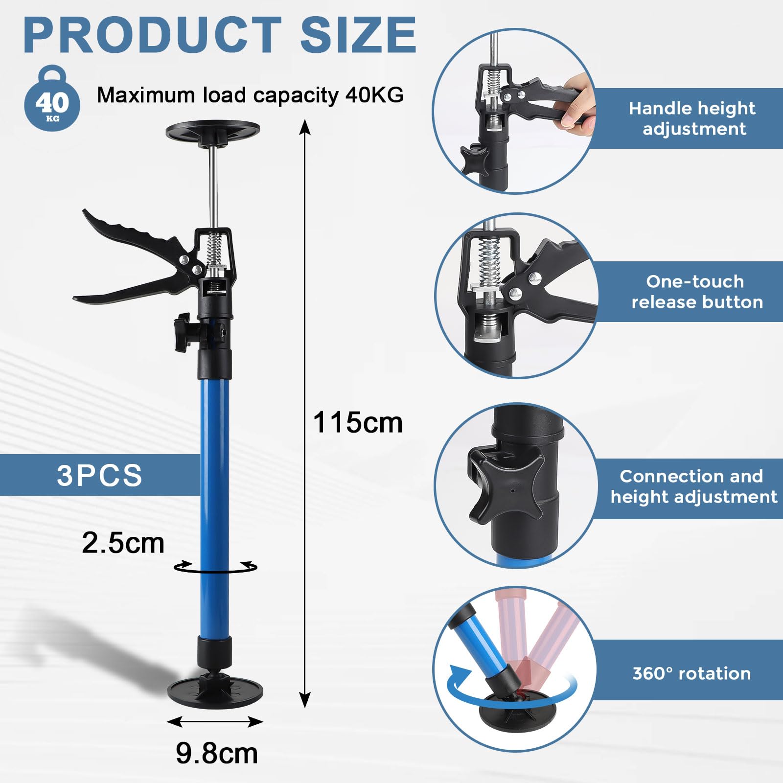 3 Piezas Puntal Telescopico, Puntales Extensibles Techo, Soporte Telescópico, Puntal Expansión, Capacidad de peso 40KG, Estiramiento 59-117 cm, para Apoyar Marcos de Puertas, Armarios