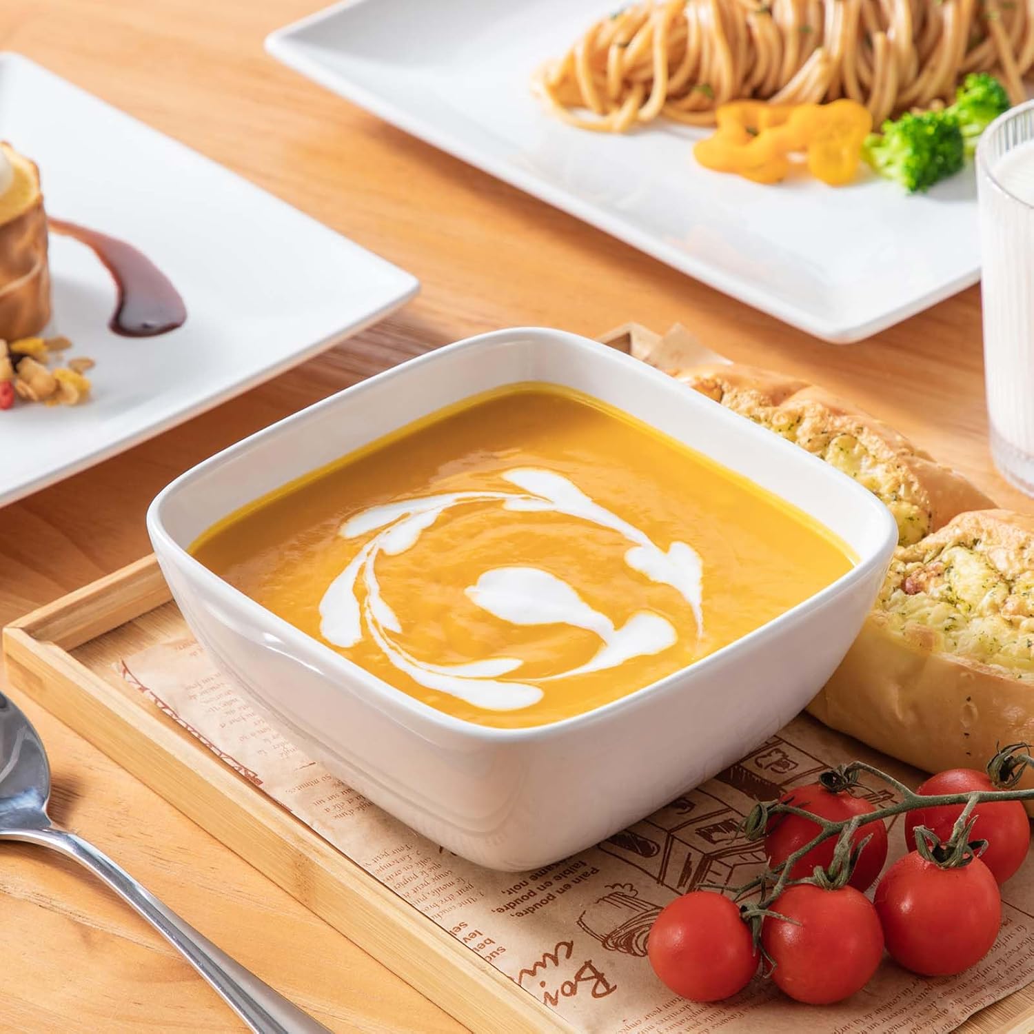 vancasso Soho Dinnerware Sets 12 Pieces, White Stoneware Square Place Setting, Dinner Plate, Dessert Plate, Bowls Service for 4 - Image 6