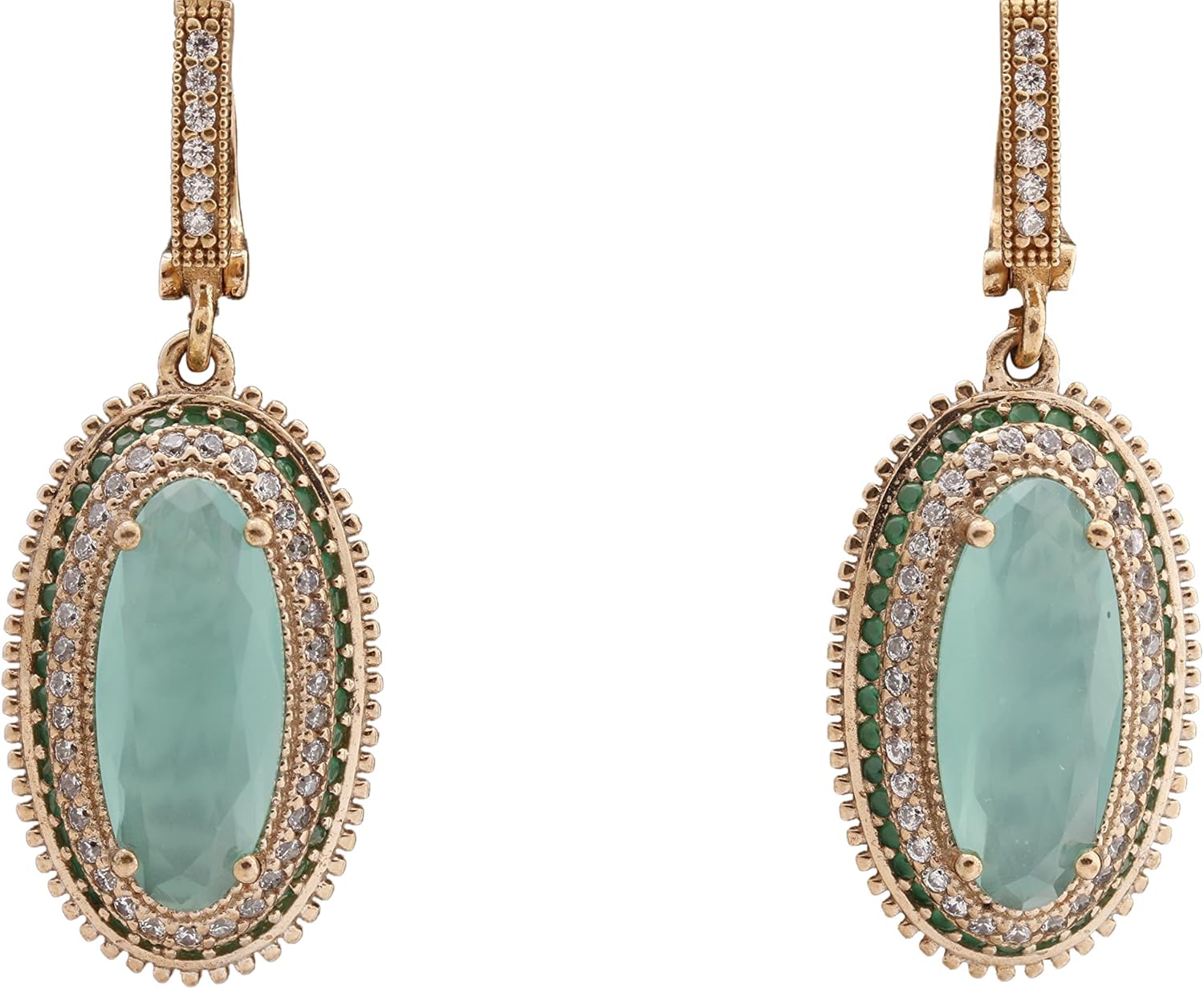 Turkish Handmade Jewelry Long Oval Shape Aquamarine and Round Cut Emerald Topaz 925 Sterling Silver Dangle/Drop Earrings