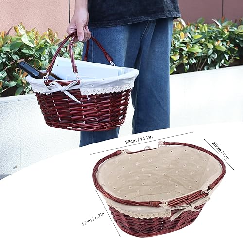 Miniatura 9 de Paquete de 2 cestas de mimbre de tamaño mediano con asa, 12.6 x 9 x 4.7 pulgadas, cesta de mimbre para pícnic con forro, cesta de regalo vacía,