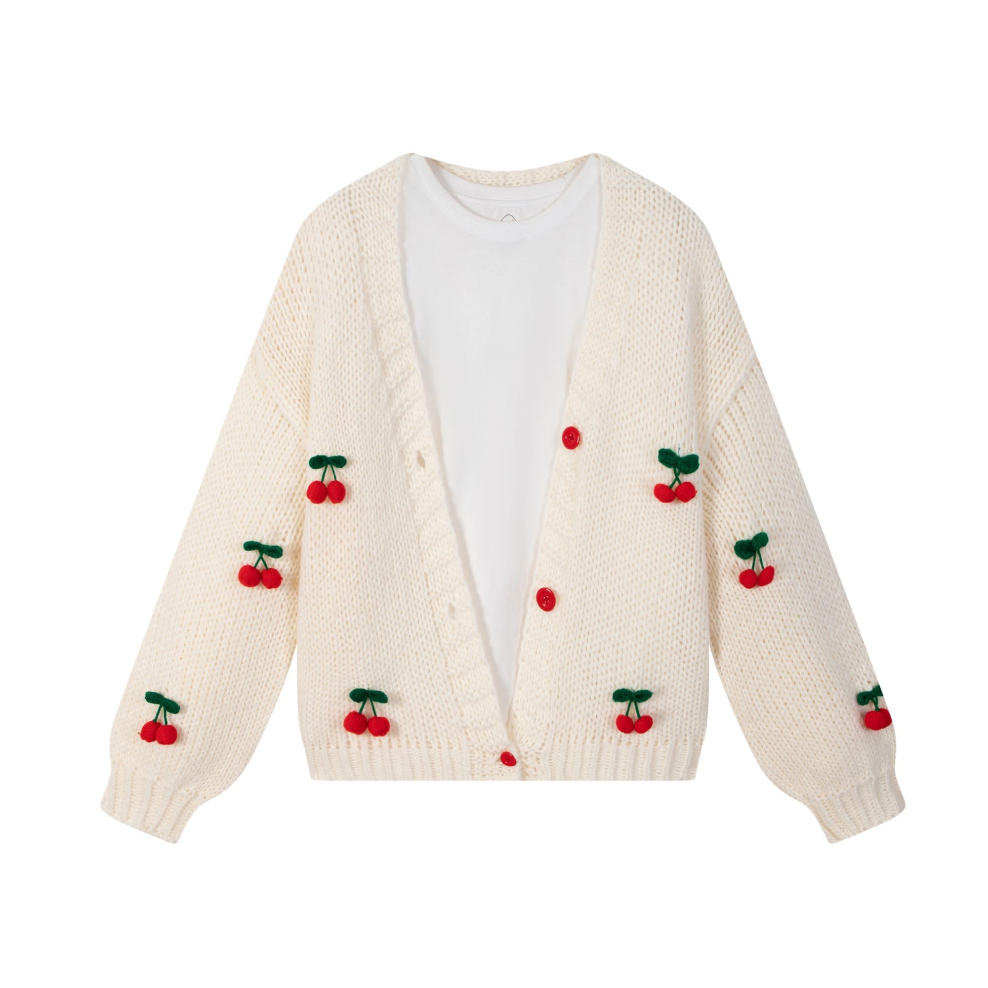 FindThy Women’s Kawaii Strawberry Embroidered Cardigan Long Sleeve V Neck Chunky Knitted Cardigans Tops