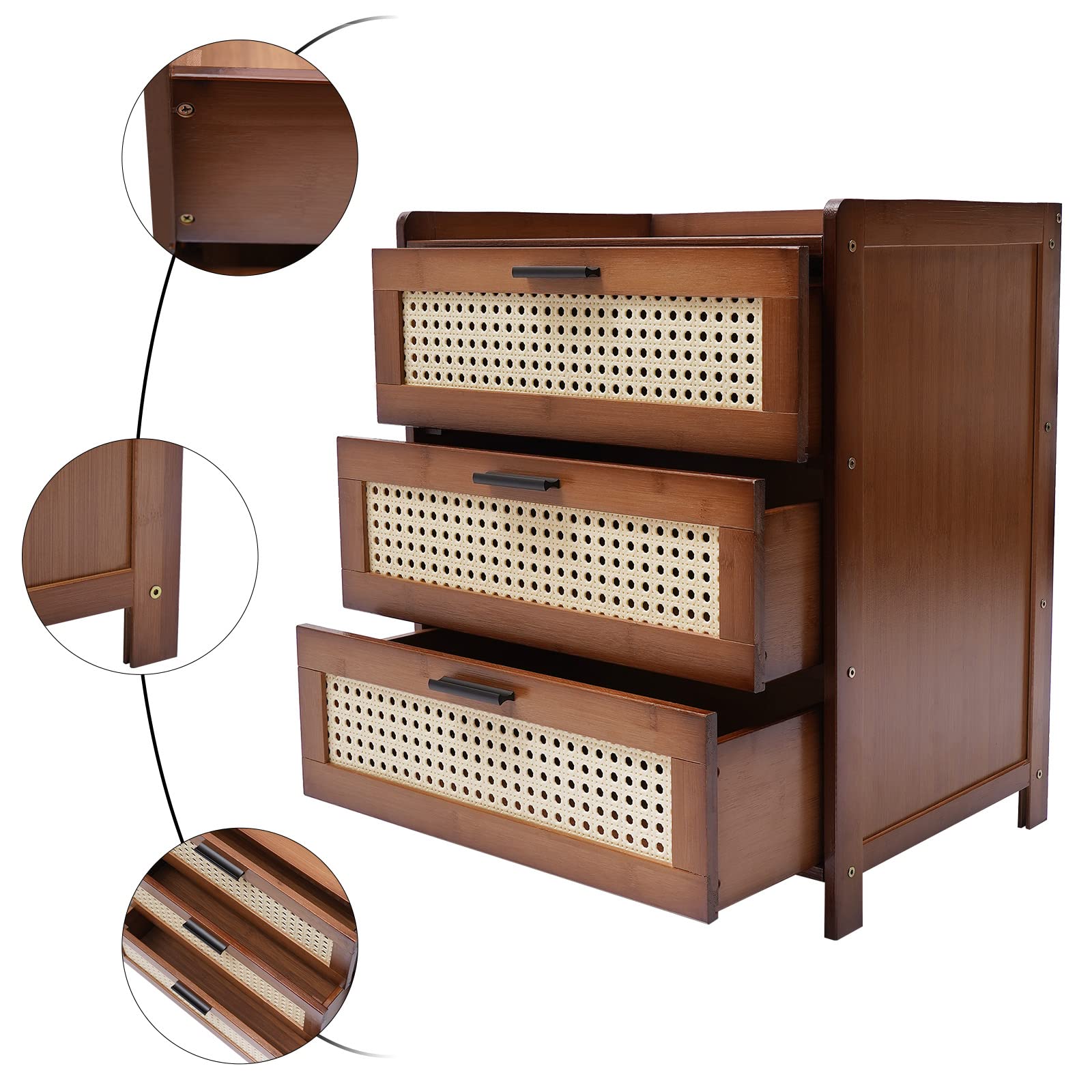 Comodino in bambù con 3 cassetti in rattan, tavolino da notte piccolo tavolino da divano tavolino da salotto in stile retrò mobiletto portaoggetti multiuso per camera da letto soggiorno marrone scuro