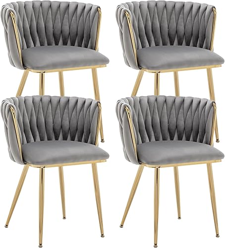 Miniatura 26 de Kiztir Juego de 4 sillas de comedor de terciopelo modernas tapizadas con respaldo tejido y patas de metal dorado para sala de estar, dormitorio,