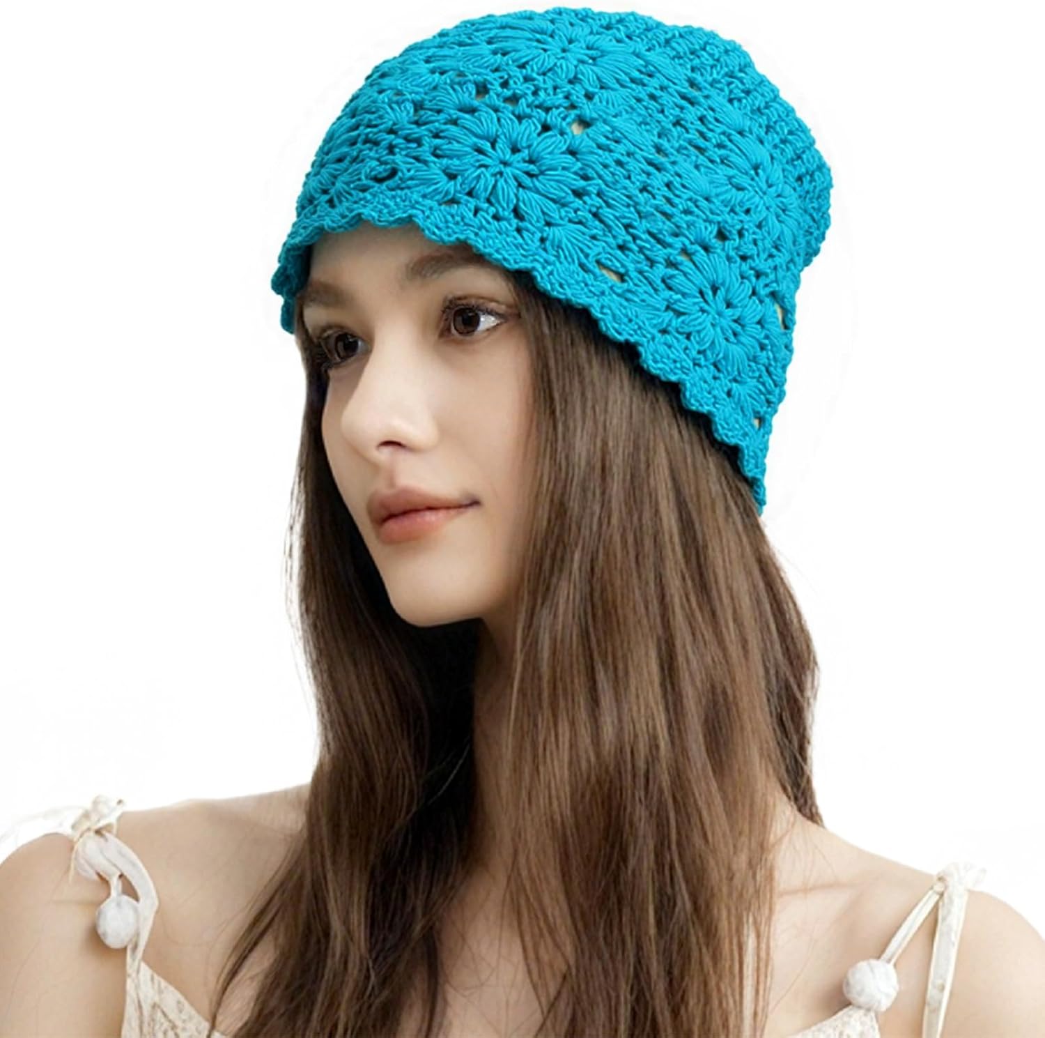 100% Cotton Crochet Beanie Hat Handmade Knit Slouchy Floral Skull Hat Knitted Openwork Summer hat for Women