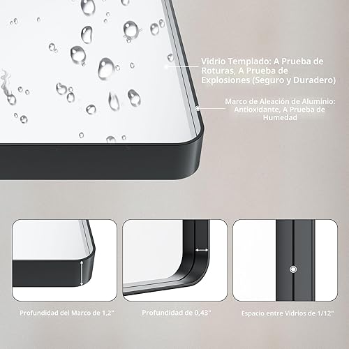 Miniatura 5 de LOAAO - Espejo de baño con marco de metal negro de 24x36 pulgadas, espejo rectangular redondeado para pared, espejo mate de tocador de baño