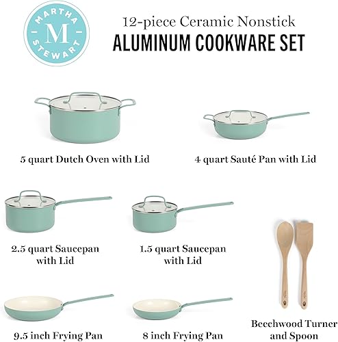 Miniatura 2 de Martha Stewart Emmeline - Juego de ollas y sartenes de aluminio esmaltado de calibre pesado, antiadherentes, sin PFA, 12 piezas, color verde azulado