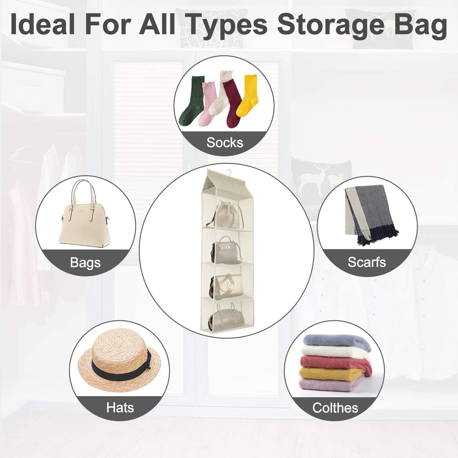 Closet Handbag Purse Holder, Space Saving Hanging Handbag Storage Tote Bag Organizer Holder with 4 Large Heavy-Duty Mesh Shelves for Wardrobe Closet(Pack of 2 Beige)