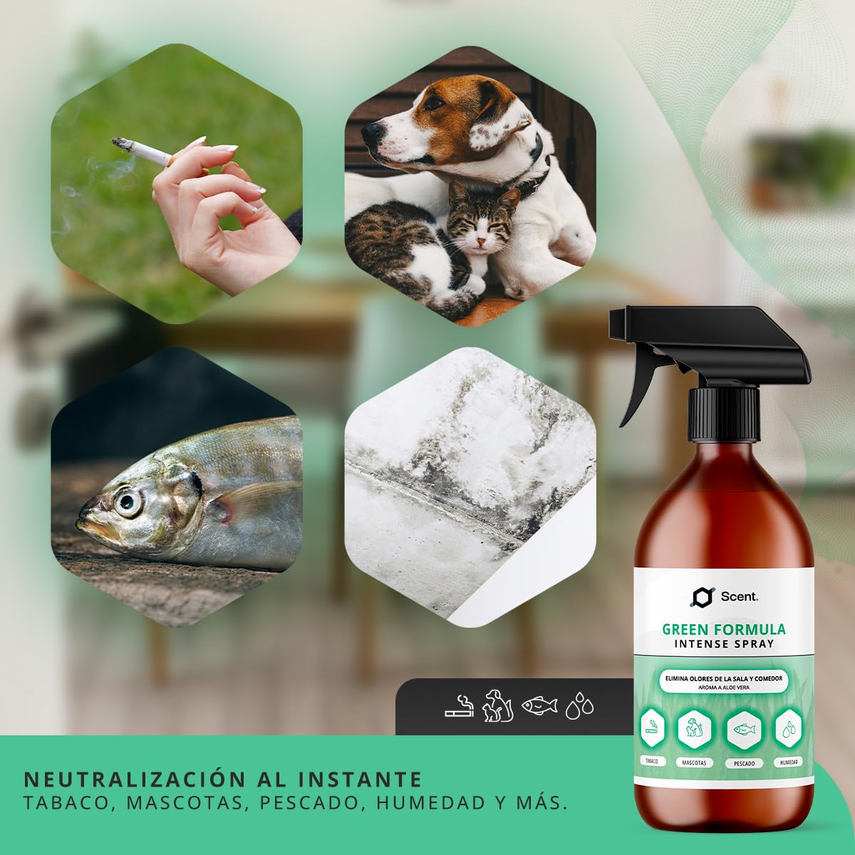 Neutralizador líquido de Olores Multiusos Spray - Fórmula Green - Ideal para eliminar el olor a humedad, mascotas, pescado, comida…, entre otros - Aroma Aloe vera - 250 ml - SCENTECHNOLOGIES