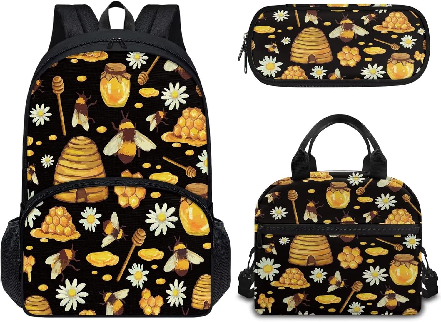 Forchrinse Cute Bee Daisy Kids Boys Girls Backpack Kit for Kindergarten Elementary School-3 in 1 Student Bookbag and Tote Lunch Box Pencil Bag