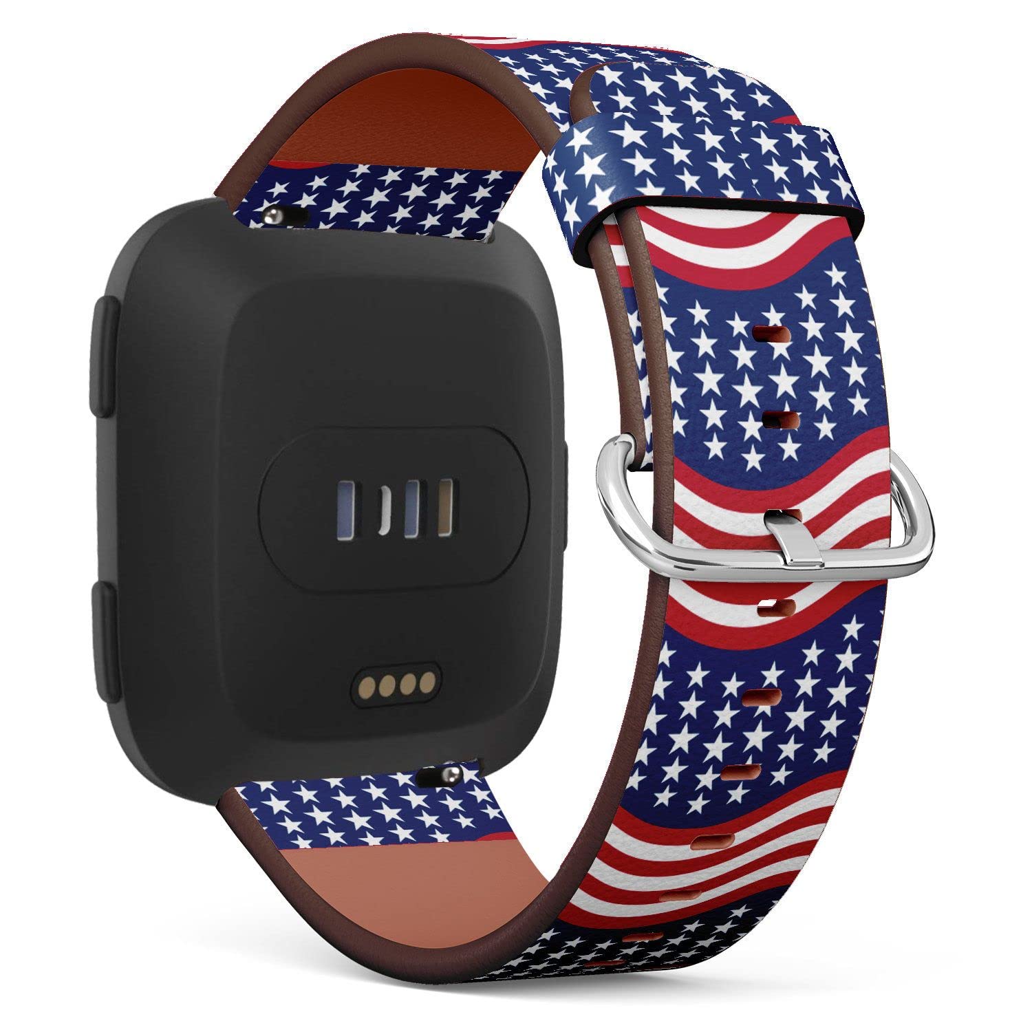 Compatible with Fitbit Versa 2 / Versa/Versa Lite/Versa SE Patterned Leather Replacement Band (Patriotic stars and stripes in traditional american colors-1)