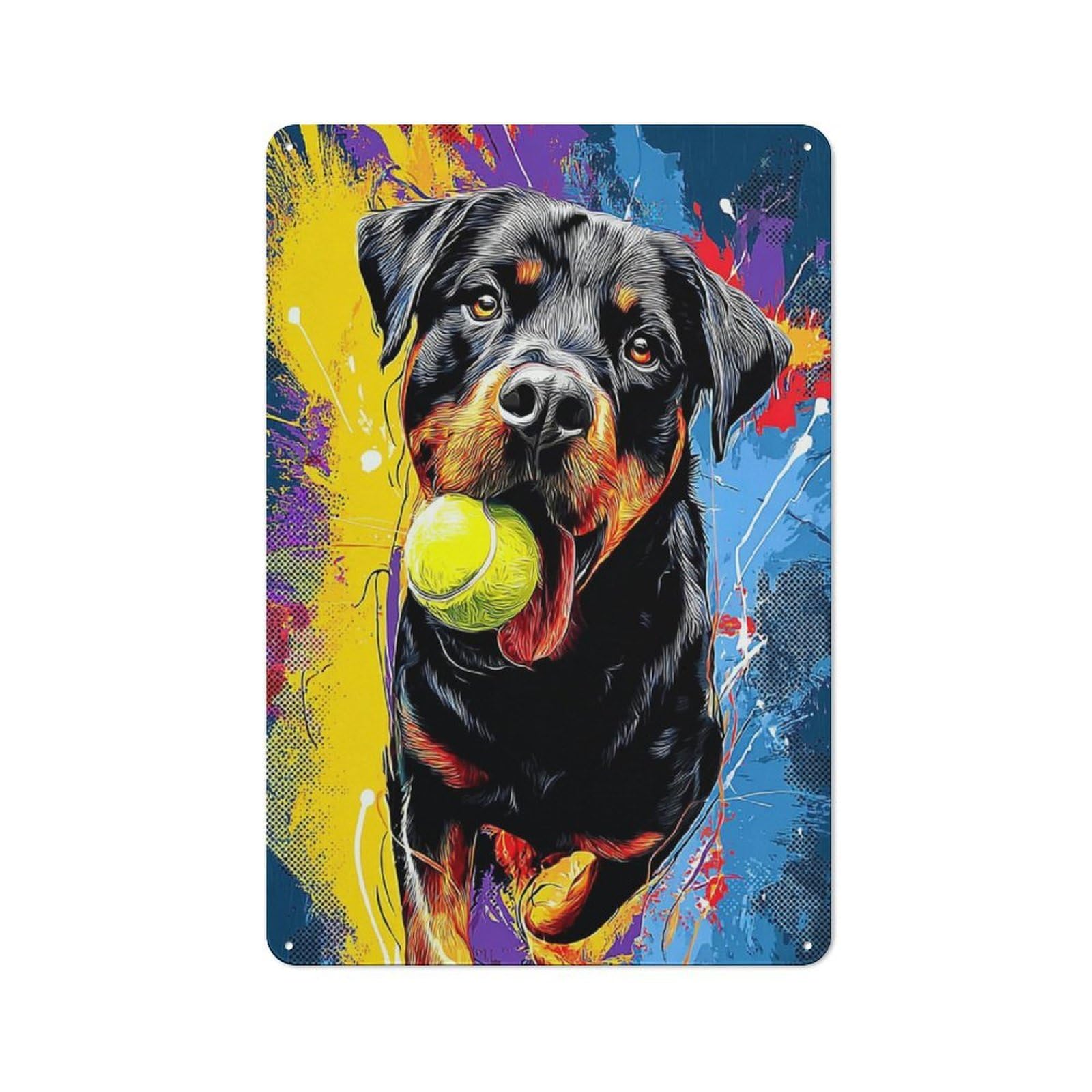 Junmoney Rottweiler With Tennis Ball Vintage Tin Sign 30X20cm, Rustic Bistro Wall Plaque For Kitchen, Cafe, Pantry Or Dining Room