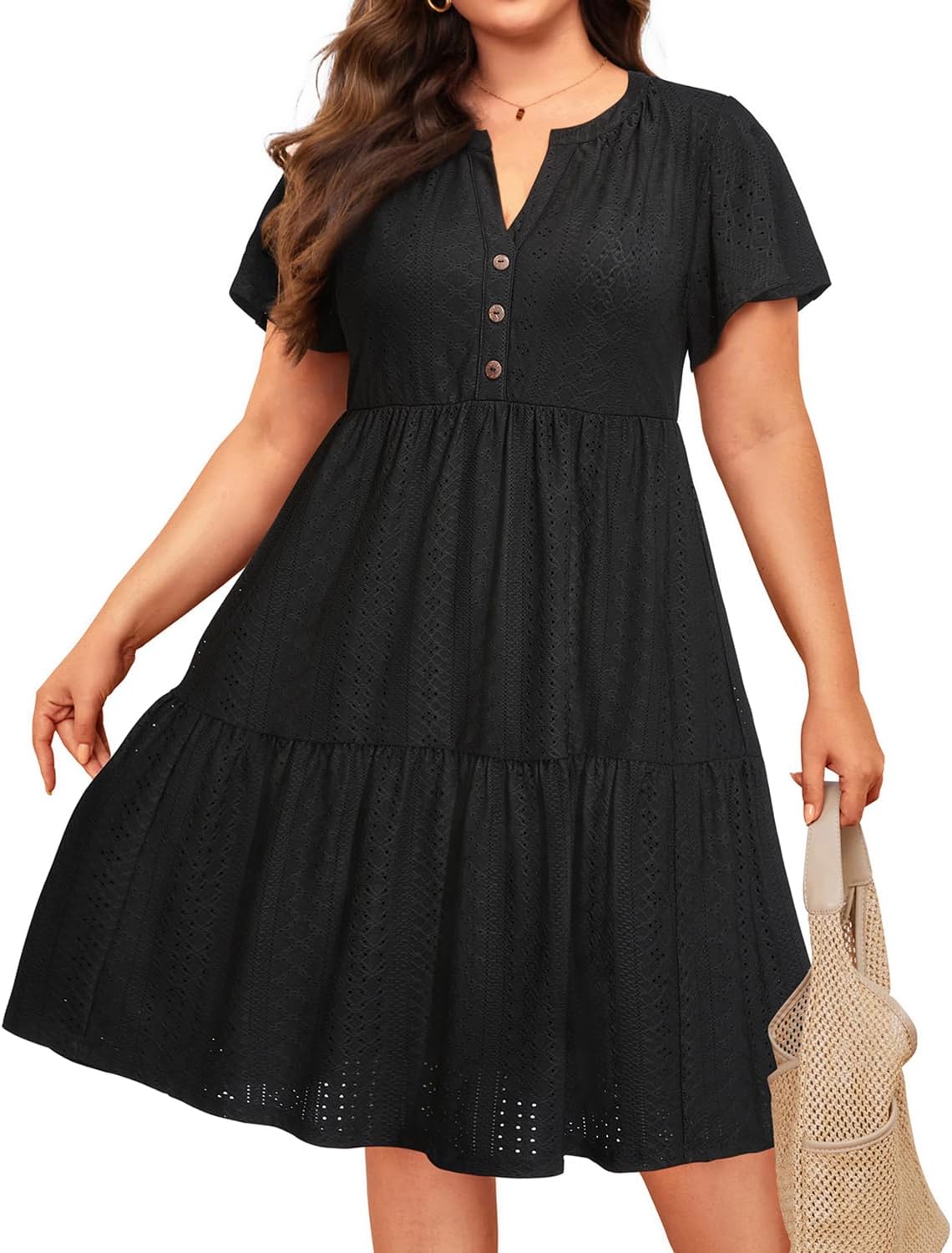 Plus Size Summer Dress - Casual Sundress Beach Short Sleeve V Neck Tiered Button Up Boho Midi Flowy Sun Dresses Women