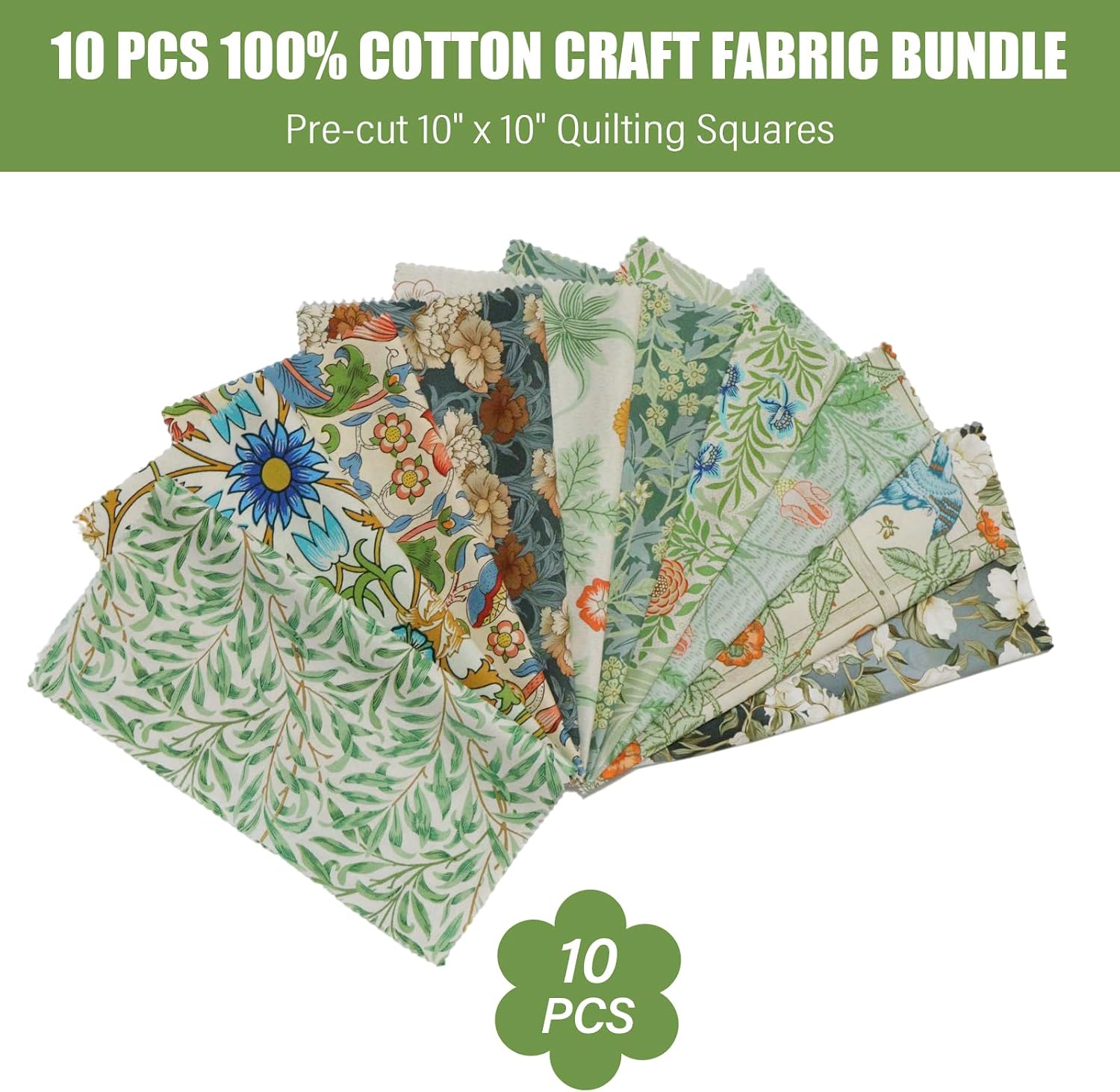 William Morris Quilt Fabric Squares Bundle, 10 pcs 10"x10" Premium 100% Cotton Precut Patchwork Set - Floral & Woodland Animal Prints with Pinked Edges for DIY Quilting and Sewing Crafts