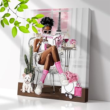 African American Wall Art Fashion Black Girl Abstract Pictures Wall Art Afro Women Poster Canvas Artwork Modern Pink Wall Decor African Art Wall Decor for Bathroom Living Room Bedroom 8"x10"