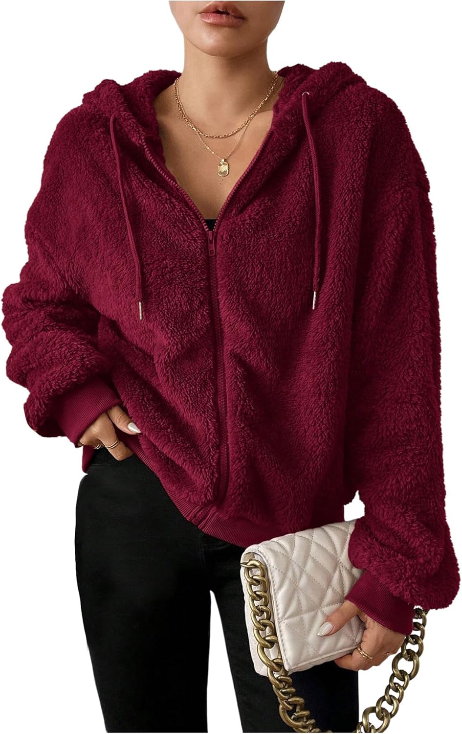 SOLY HUX Women's Fuzzy Hoodie Zip Up Drawstring Long Sleeve Fleece Hooded Sweatshirt Warm Casual Jacket