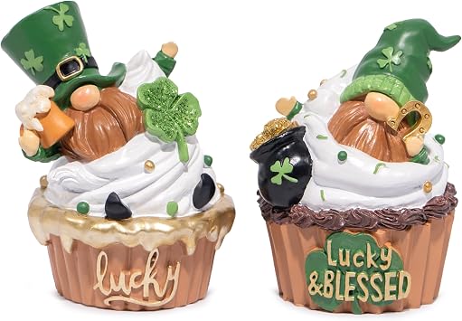 Hodao St. Patricks Day Gnome Cupcake Figurines | Adorable Lucky & Blessed Decorations | Shamrock-Themed Home Decor | Perfect for Holiday Parties | Set of 2 Handcrafted Collectibles