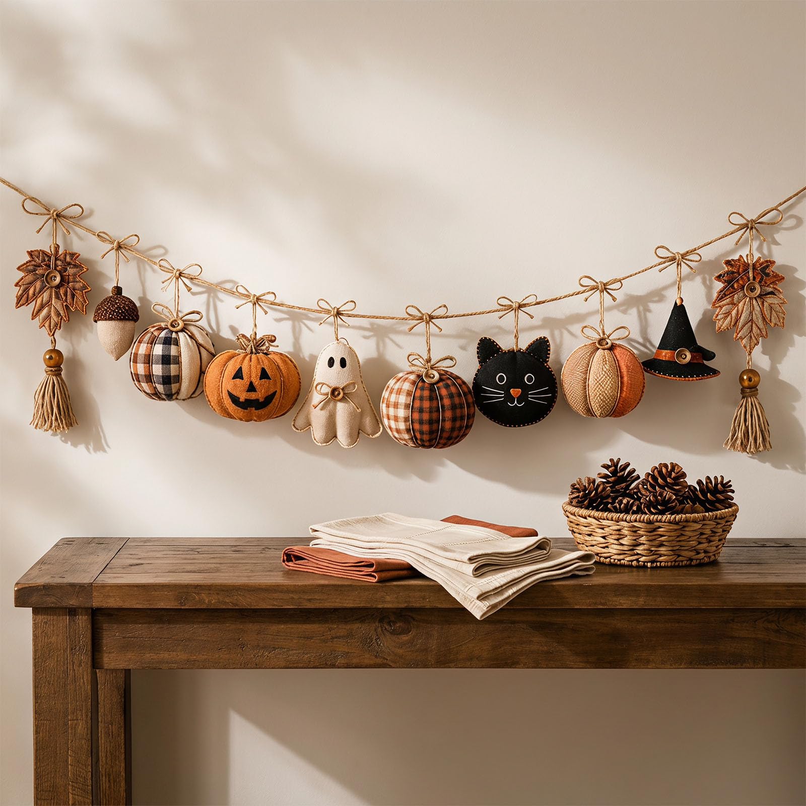 Guirnalda de tela para Halloween, acogedora calabaza y gato fantasma