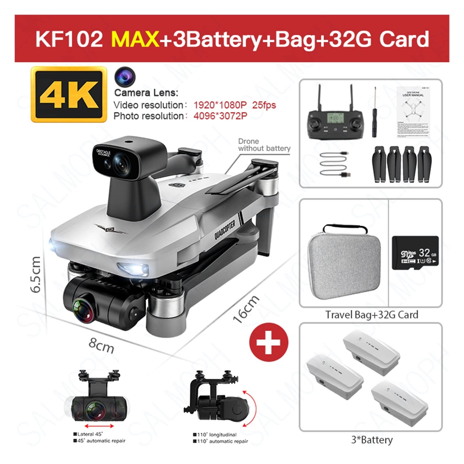 MAX Drone 4K Profesional z kamerą HD 5G WiFi GPS 2- Anti-Shake Gimbal Quadcopter Bezszczotkowy mini dron KF102 4k Dron (Kolor: KF102 MAX 3B Torba 32G)