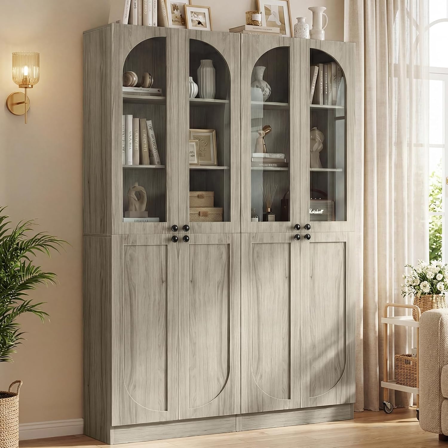 Cyclysio 80" Arched Bookcase Set of 2, 12-Tier Farmhouse Bookshelf with Glass Doors, 2 Set Storage Pantry Cabinet with Adjustable Shelves, Seamless Fit Wall for Living Room, Kitchen (Grey)