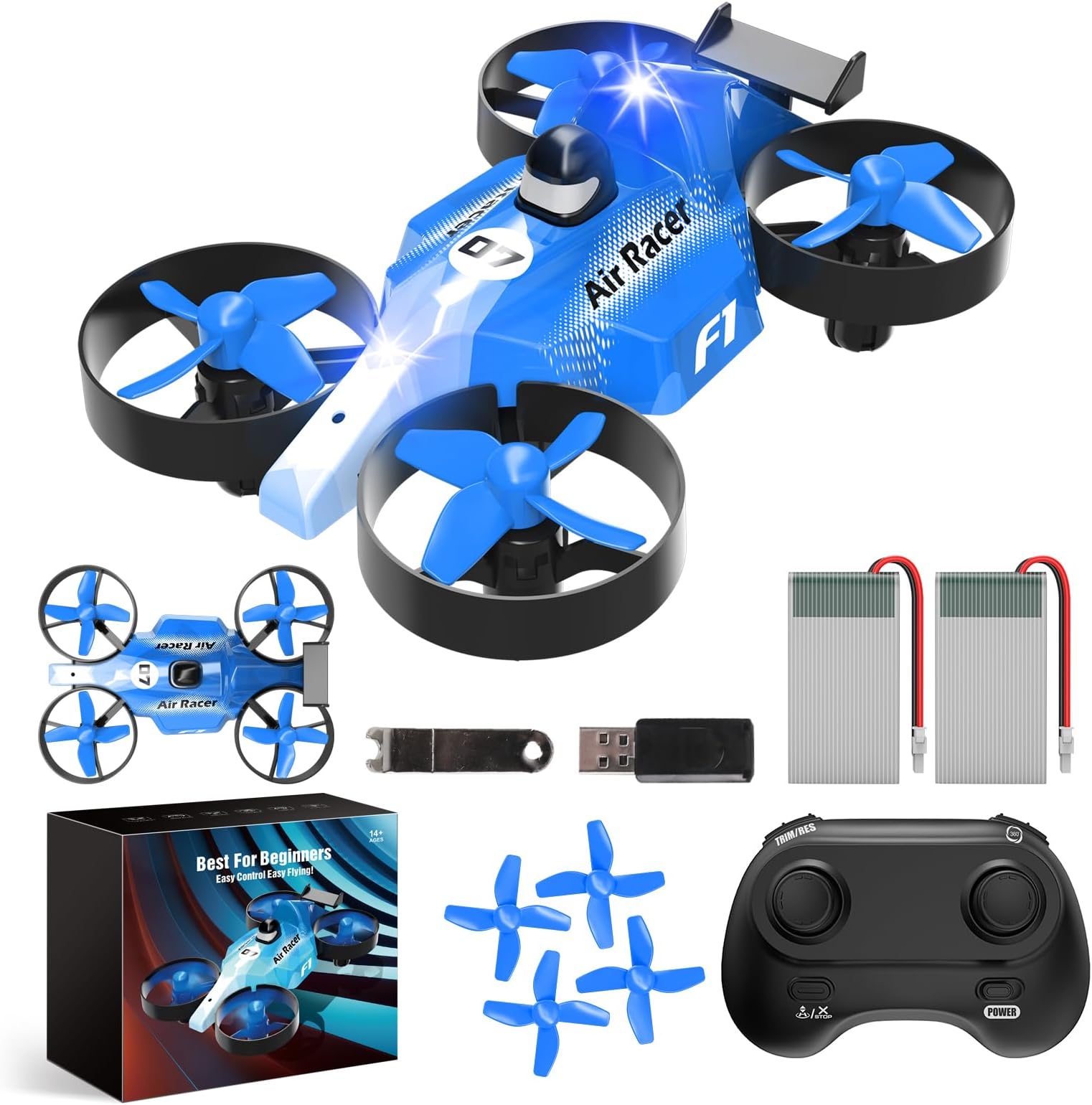 Drones for Kids, Mini Drone for Beginners, Small Indoor RC Quadcopter RC drone toy for Adults with Air-Ground Dual Mode Switch, Headless Mode, 3D Flip, Auto Hovering and 2 Batteries, Toy Gift for Boys and Girls, Blue