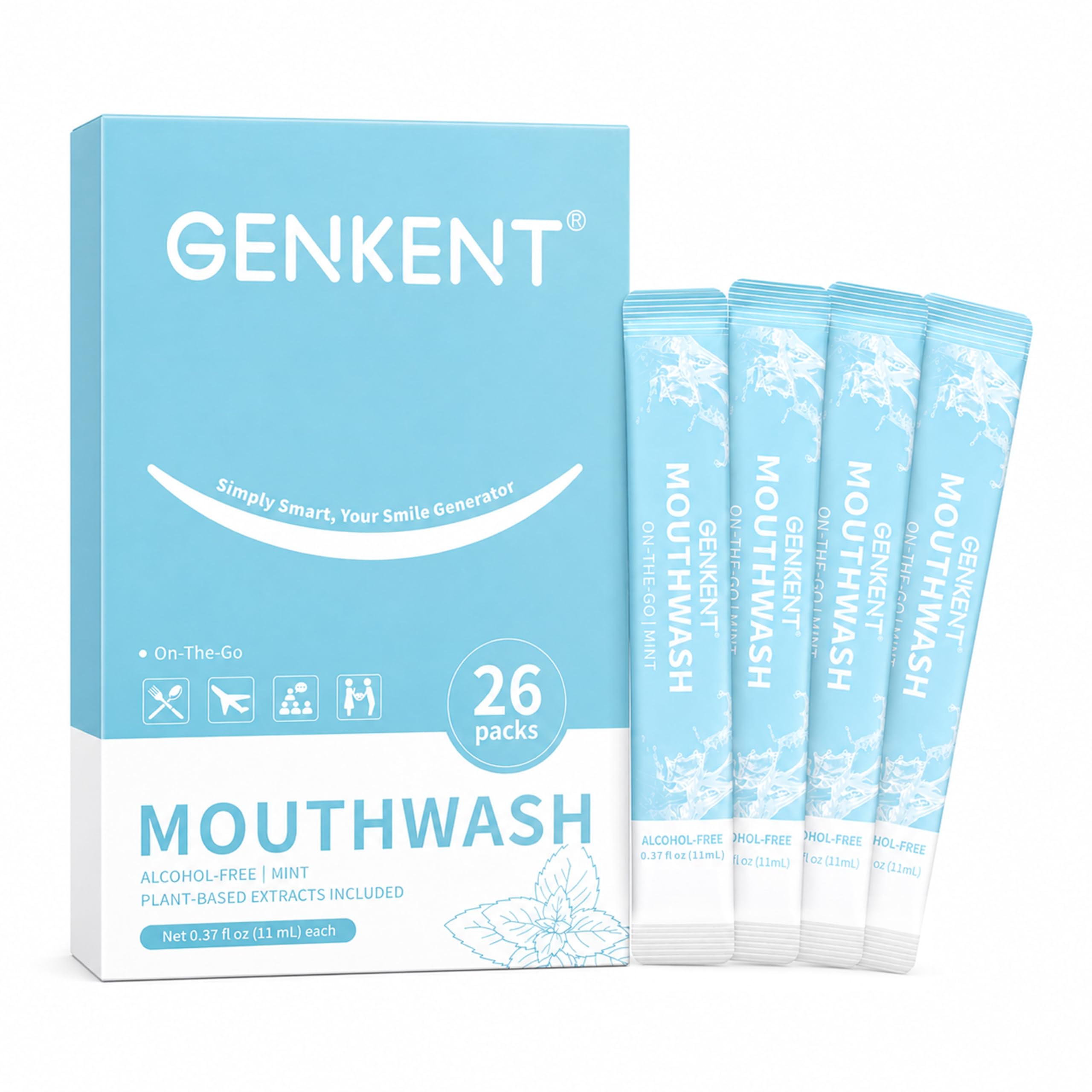 GENKENT Travel Mouthwash, Portable Disposable Packs to Go, Alcohol Free Fresh Mint Oral Rinse, Pack of 26